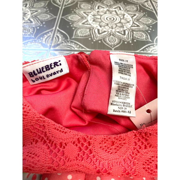 Blueberi Boulevard 3T Dress Peach Crocheted Bodice with Floral and Polka Dots - Picture 4 of 4